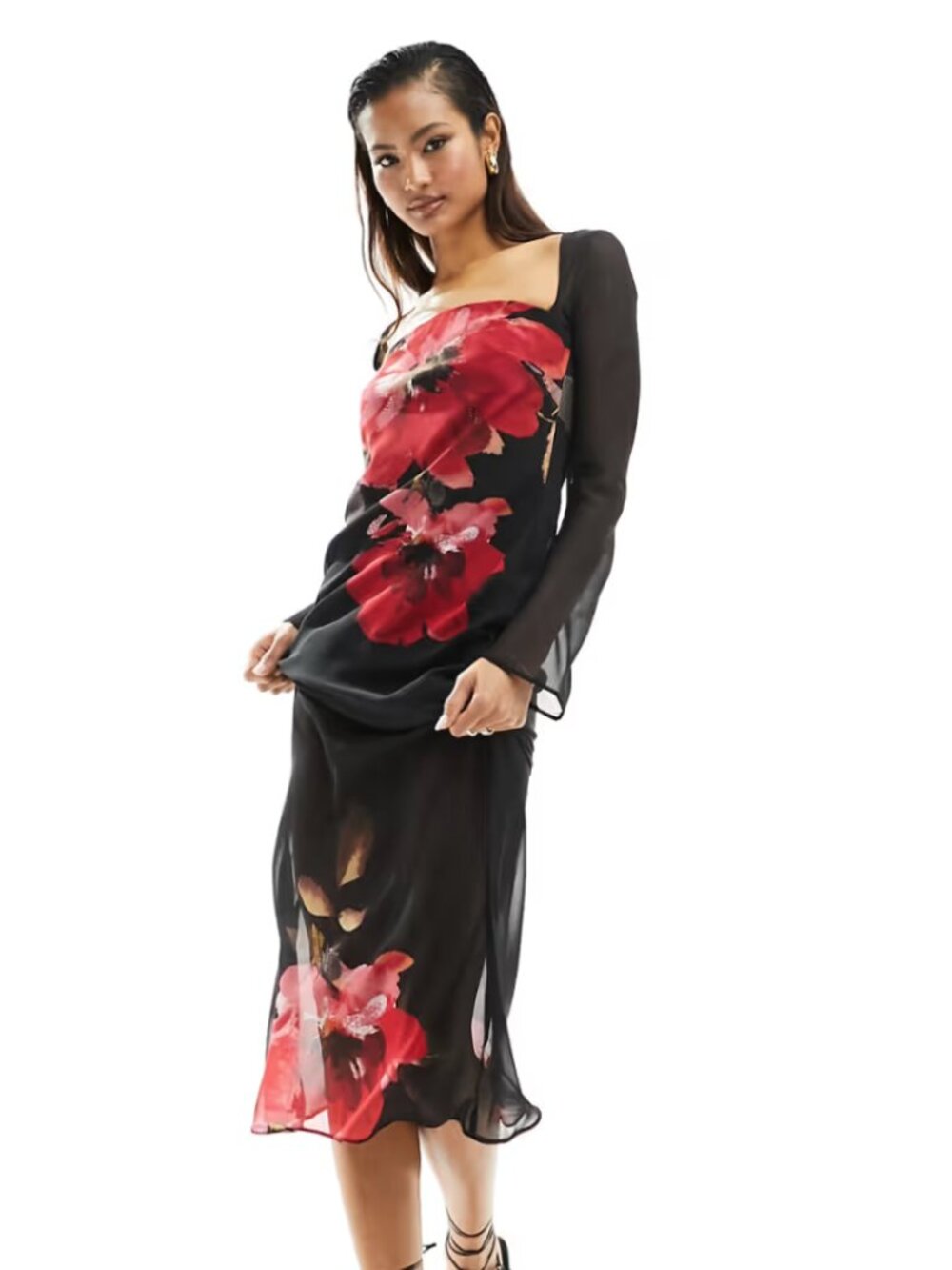 ASOS DESIGN chiffon midi dress with bolero sleeves in floral placement (Size 14)